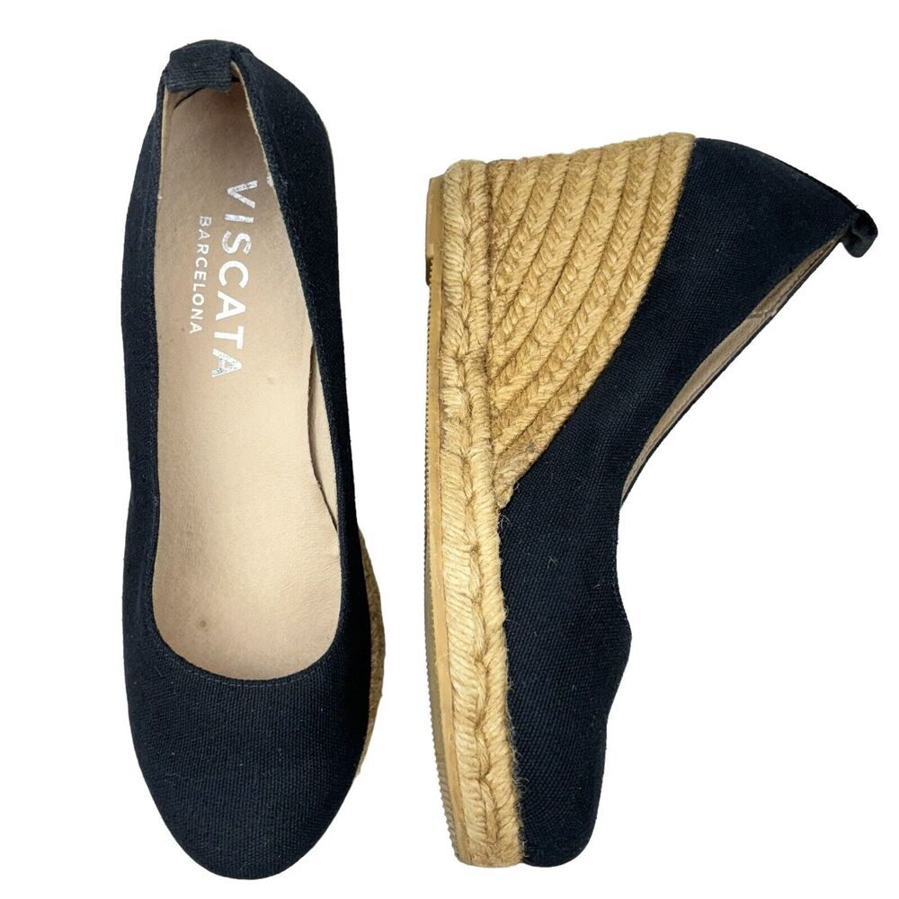 Viscata Barcelona Wedge Womens 10 US 41 EU Roses Black Canvas Espadrilles Shoes